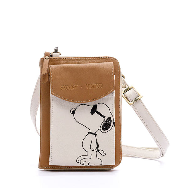 CROSSBODY PARA MUJER IBIZA MIEL SNOOPY EN CUERO VEGANO CON BOLSILLO EXTERNO Y CARGADERA REMOVIBLE